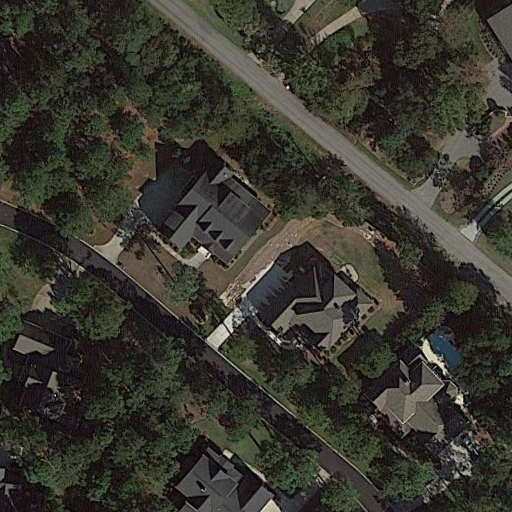 Residential area surrounded by vegetation with a swimming pool